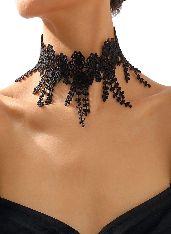 Rannyrena Gothic Lace Flower Choker Necklace Wide Short Collar Necklace Black White Braided Floral Necklace Boho Party Accessory for Women (Black) - Image 1